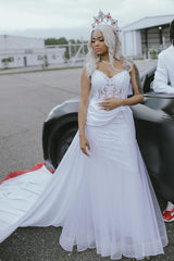 Elegant White Sweetheart Tulle Appliques Sheath Prom Dress with Overskirt-Dbrbridal