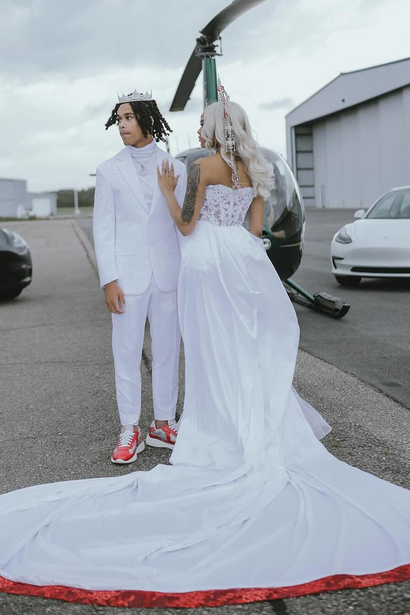 Elegant White Sweetheart Tulle Appliques Sheath Prom Dress with Overskirt-Dbrbridal