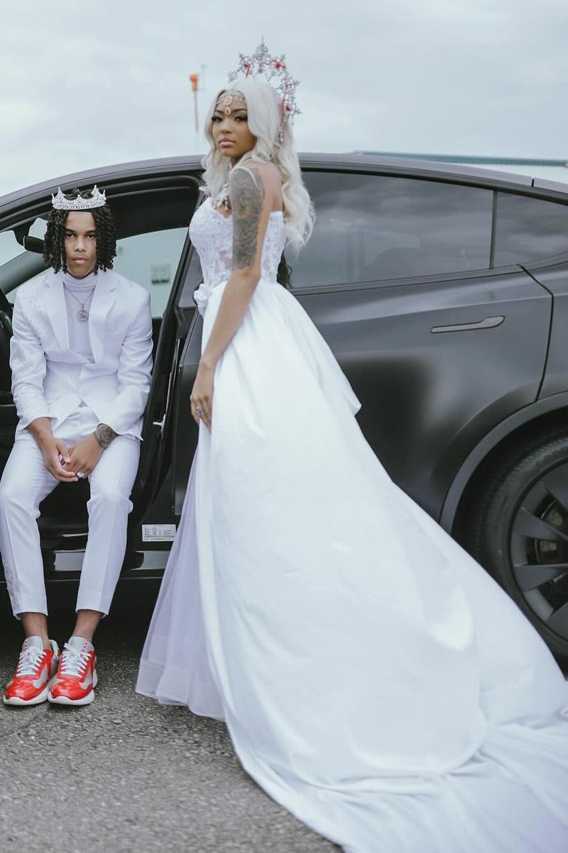 Elegant White Sweetheart Tulle Appliques Sheath Prom Dress with Overskirt-Dbrbridal