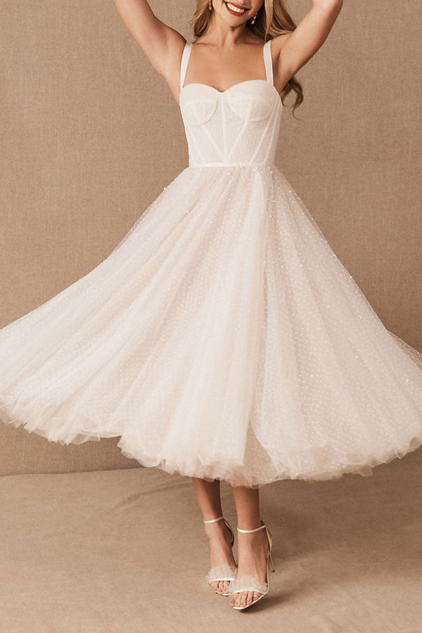 Exclusive White Wedding Dresses T-Length A-Line Sweetheart Pearls Spaghetti Straps Tea Length Bridal Dress-Dbrbridal
