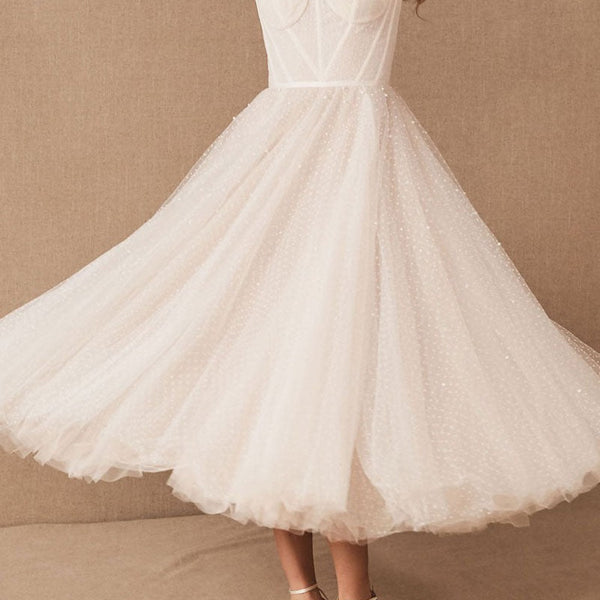 White Bridal Short Dress T-Length A-line Sweetheart Pearls Spaghetti Straps Tea  Length Dress  Dbrbridal