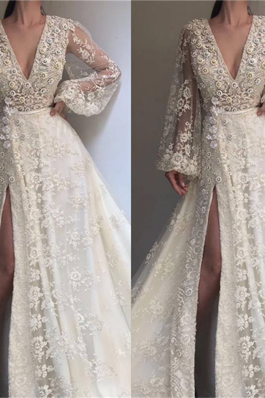 Exquisite Tulle Lace Beading Long Sleeves Party Dresses Chic V-Neck Beading Slit Formal Dresses-Dbrbridal