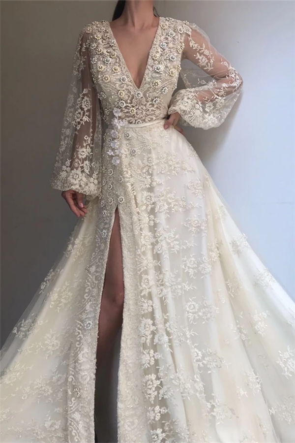 Exquisite Tulle Lace Beading Long Sleeves Party Dresses Chic V-Neck Beading Slit Formal Dresses-Dbrbridal