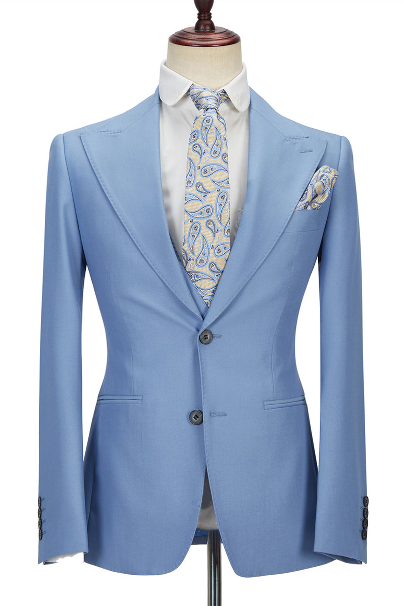 Fabulous Blue Peak Lapel Men's Suit 3 Piece Men's Formal Suit without Flap-Dbrbridal