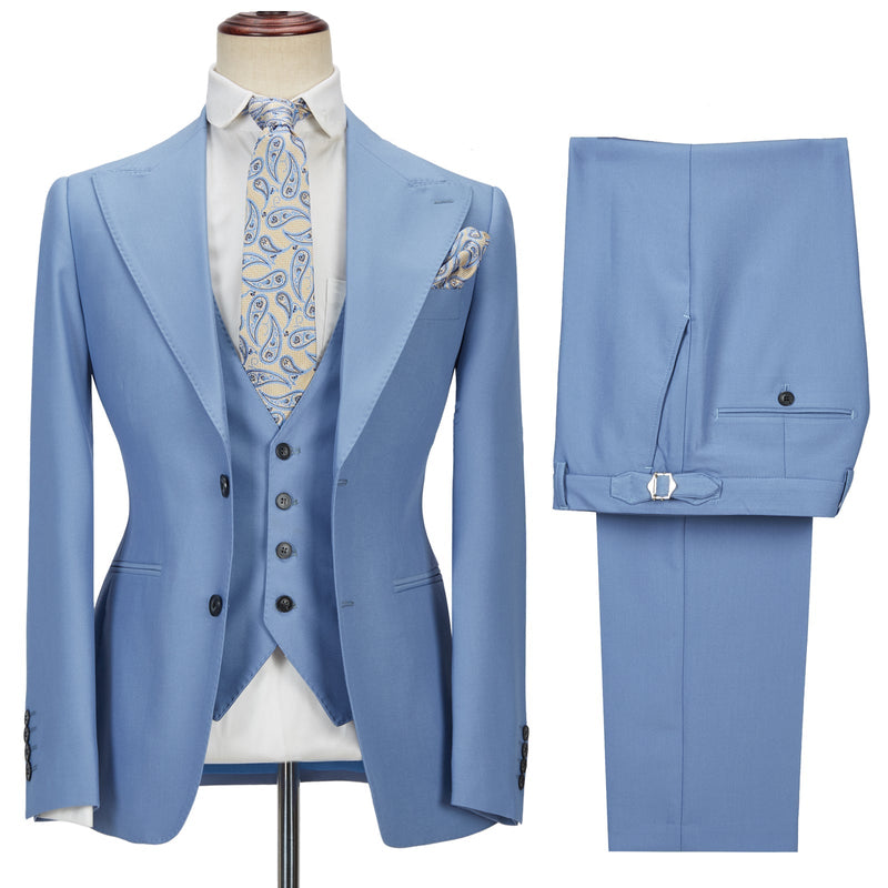 Fabulous Blue Peak Lapel Men's Suit 3 Piece Men's Formal Suit without Flap-Dbrbridal