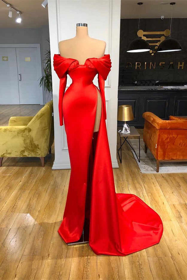 Fashion Red Long Sleeves Prom Dresses Mermaid Off-the-Shoulder With Split-Dbrbridal