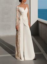 Floor-Length Wedding Jumpsuit Appliques Lace Long Sleeves-Dbrbridal