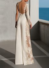 Floor-Length Wedding Jumpsuit Appliques Lace Long Sleeves-Dbrbridal