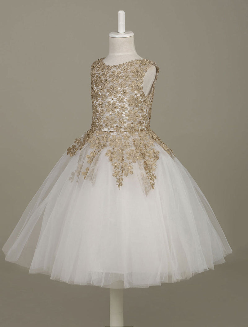 flower girl dress Lace Light Gold Tutu Dress Sleeveless A-line Short Toddler'S Pageant Dress-Dbrbridal