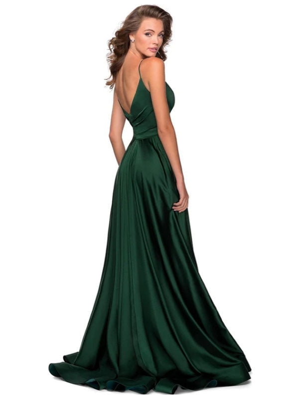 Forest Green A-Line Backless Silk Like Satin V-Neck Long Bridesmaid Dr – Dbrbridal