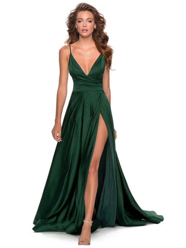 Forest Green Satin Dress Forest Green A-Line Backless Silk Like