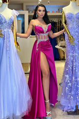 Fuchsia Sweetheart Mermaid Prom Dress Split Long Crystals-Dbrbridal