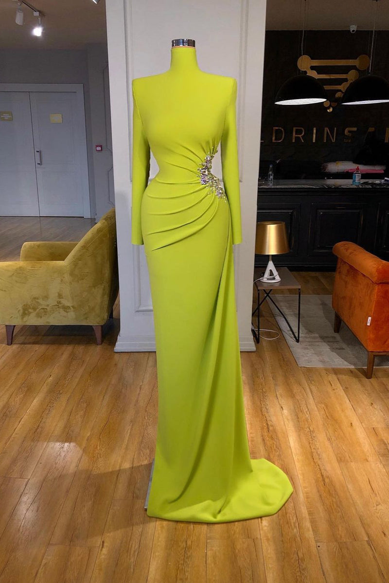 Ginger yellow Long-sleeves Metallic Beaded Mermaid Prom Dress High-nec Dbrbridal Ginger yellow Long-sleeves Metallic Beaded Mermaid Prom Dress High-nec Dbrbridal