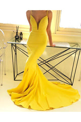 Ginger Yellow Sexy Deep V-Neck Formal Dresses with Chapel Train Chic Simple Body-fitting Evening Party Gowns for Sale-Dbrbridal