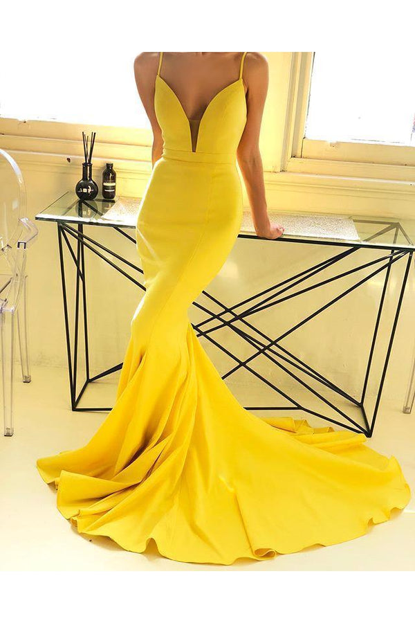 Ginger Yellow Sexy Deep V-Neck Formal Dresses with Chapel Train Chic Simple Body-fitting Evening Party Gowns for Sale-Dbrbridal