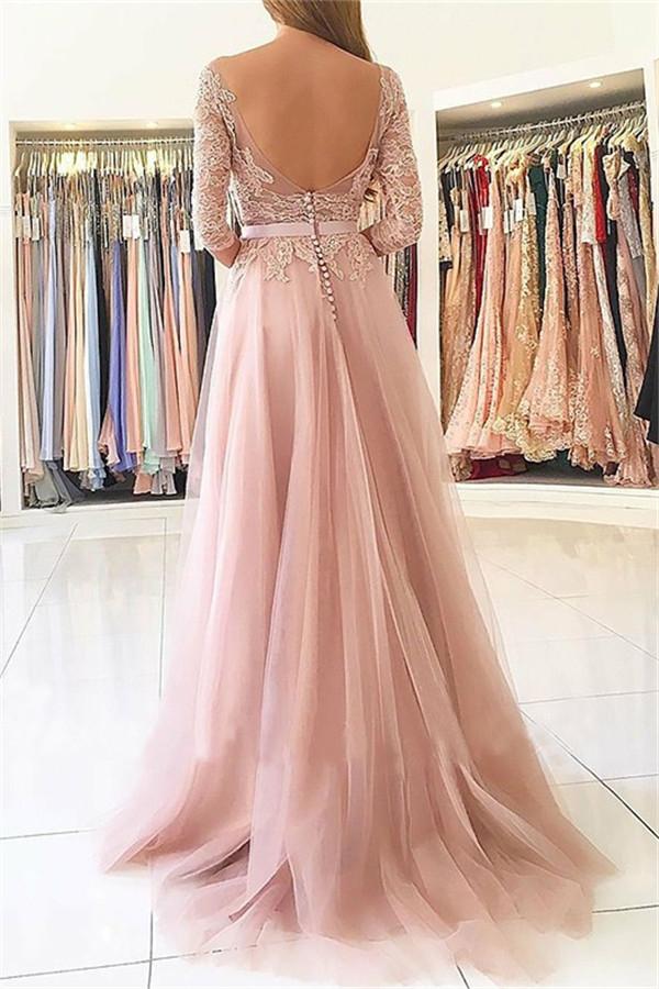 Glamorous Applique Long Sleeves Prom Dresses Open Back Jewel Split Evening Dresses with Belt-Dbrbridal