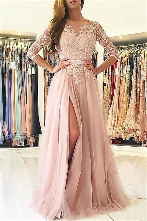 Glamorous Applique Long Sleeves Prom Dresses Open Back Jewel Split Evening Dresses with Belt-Dbrbridal