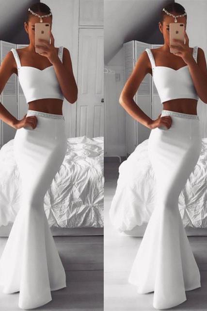 Glamorous Designer Two Piecess White Party Dresses Mermaid Beadings Evening Gowns Online-Dbrbridal