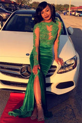 Glamorous Green Long-Sleeve Lace Appliques Split Mermaid Formal Dresses-Dbrbridal
