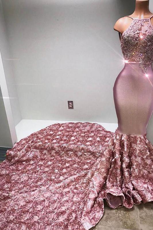 Glamorous Halter Mermaid Pink Formal DressesLace With 3D-Floral Flowers Bottom-Dbrbridal
