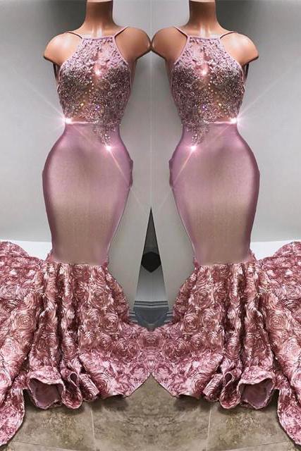 Glamorous Halter Mermaid Pink Formal DressesLace With 3D-Floral Flowers Bottom-Dbrbridal