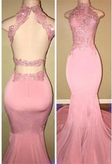 Glamorous High-Neck Pink Lace Formal DressesMermaid Long-Dbrbridal