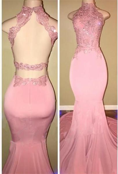 Glamorous High-Neck Pink Lace Formal DressesMermaid Long-Dbrbridal