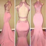 Glamorous High-Neck Pink Lace Formal DressesMermaid Long-Dbrbridal