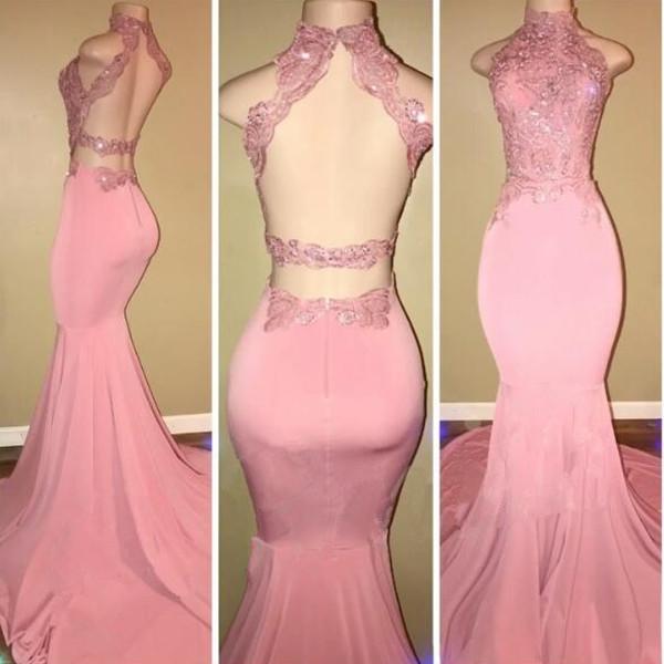 Glamorous High-Neck Pink Lace Formal DressesMermaid Long-Dbrbridal