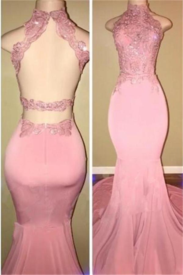 Glamorous High-Neck Pink Lace Formal DressesMermaid Long-Dbrbridal