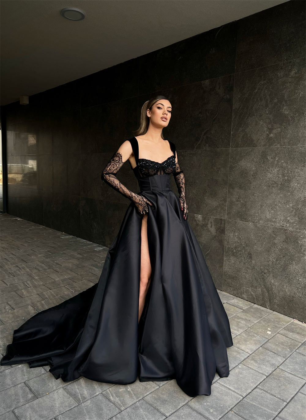 Glamorous Long Black Lace Sleeveless Evening Party Gowns Long Slit Onl – Dbrbridal