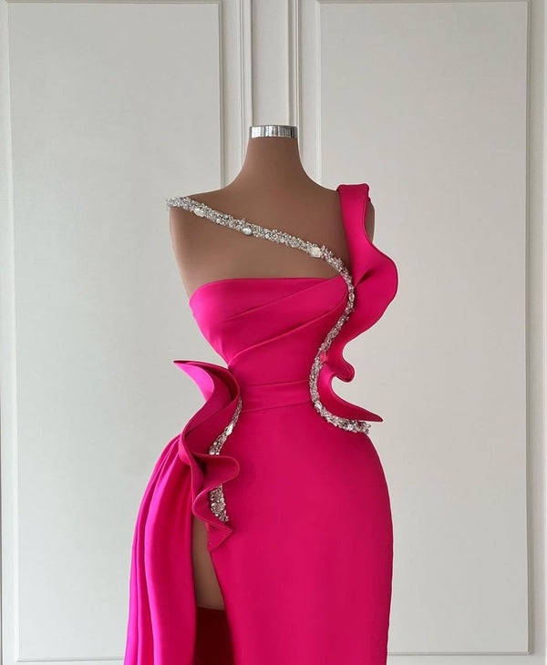 Glamorous Long Glitter Sleeveless Front Split Long Evening Party Gowns With Ruffles Long-Dbrbridal