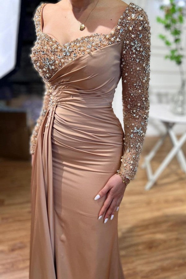 Glamorous Long Mermaid Beading Evening Party Gowns With Long Sleeves-Dbrbridal