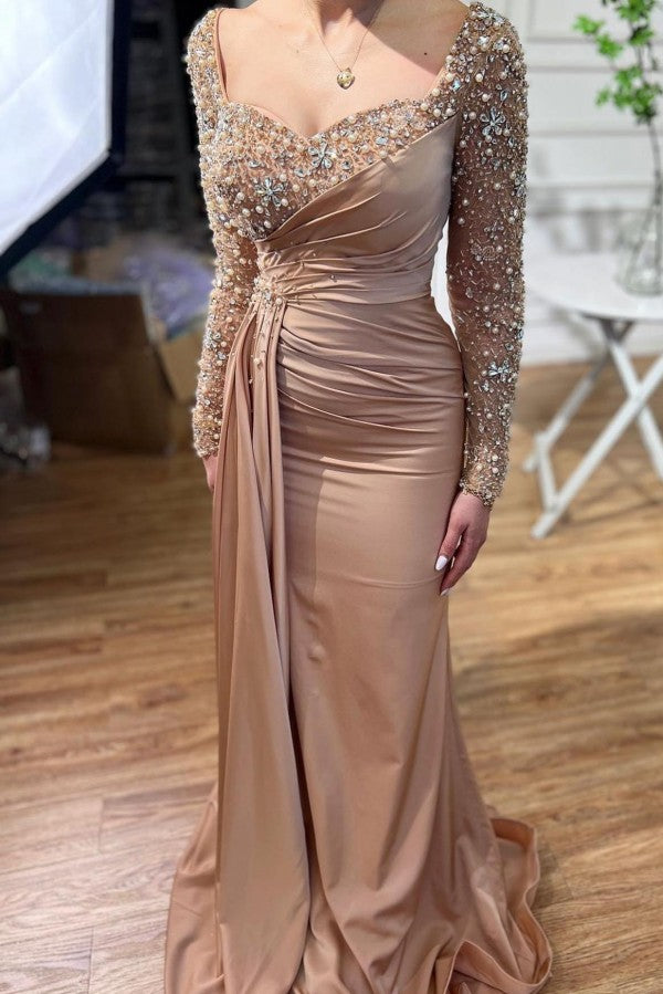 Glamorous Long Mermaid Beading Evening Party Gowns With Long Sleeves-Dbrbridal