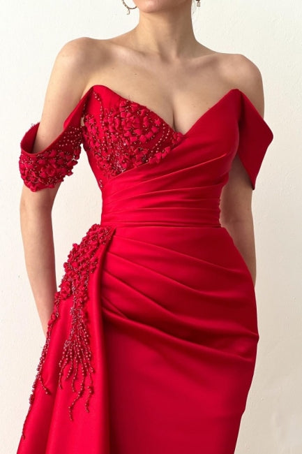 Glamorous Long Red Mermaid Off-the-Shoulder Lace Evening Party Gowns-Dbrbridal