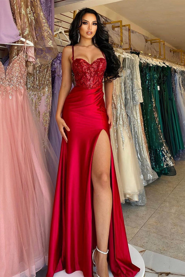 Glamorous Long Red Spaghetti Straps Sequins Lace Sleeveless Evening Party Gowns Long Slit Online-Dbrbridal
