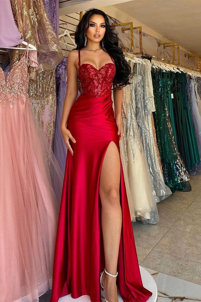 Glamorous Long Red Spaghetti Straps Sequins Lace Sleeveless