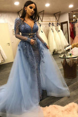 Glamorous Long Sleeves V-Neck Lace Beadings Mermaid Prom Dresses with Over Skirt-Dbrbridal