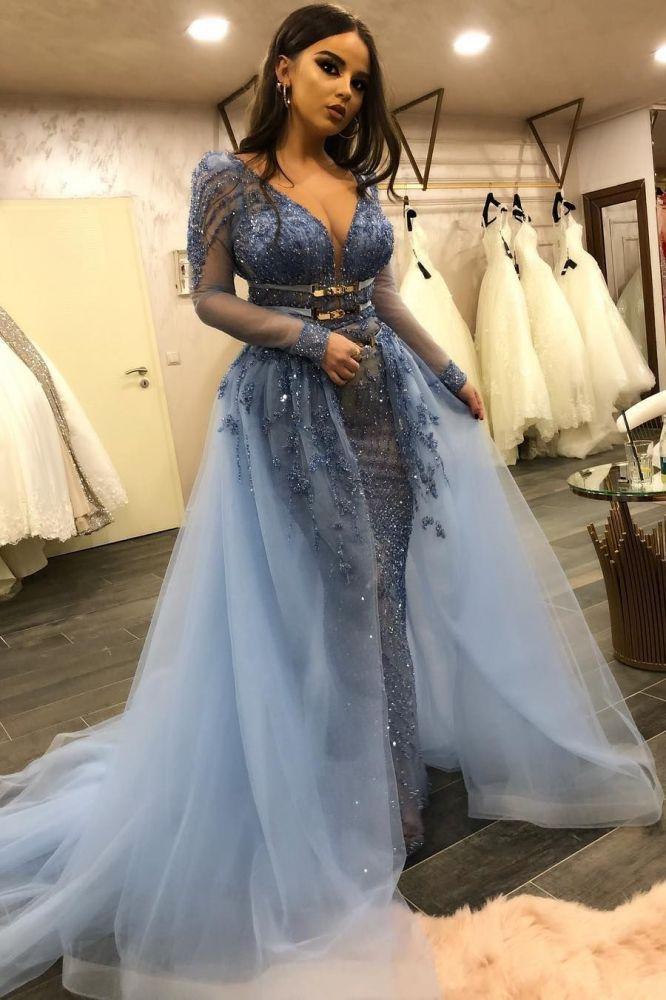 Glamorous Long Sleeves V-Neck Lace Beadings Mermaid Prom Dresses with Over Skirt-Dbrbridal