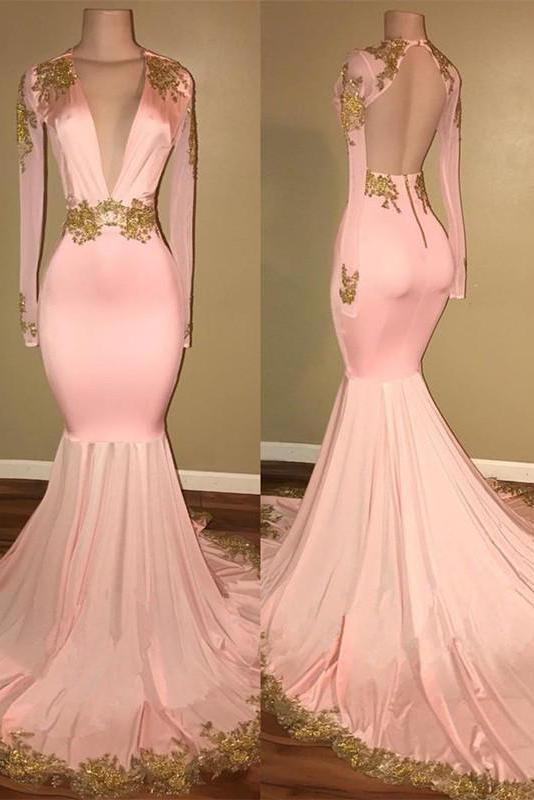 Glamorous Long Sleevess V-Neck Formal DressesMermaid With Gold Crystal-Dbrbridal