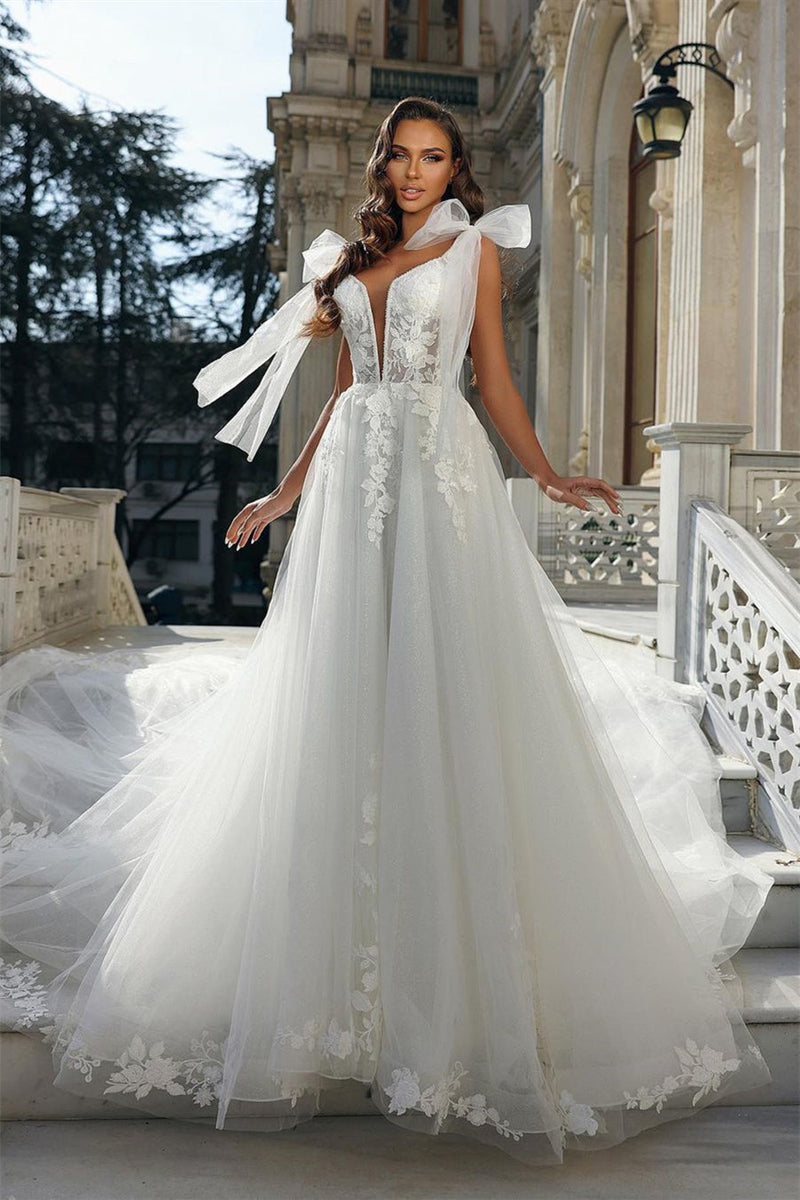 Glamorous Long White V-neck Sleeveless Bridal Gown With Lace-Dbrbridal
