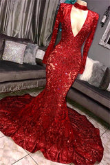 Glamorous Mermaid Long Sleeves Sexy Deep V-Neck Lace Applique Prom Dresses-Dbrbridal
