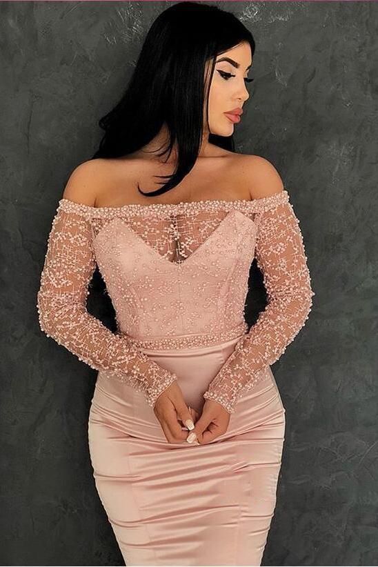Glamorous Mermaid Off-the-Shoulder Prom Gowns Long Sleevess Lace Evening Dresses-Dbrbridal
