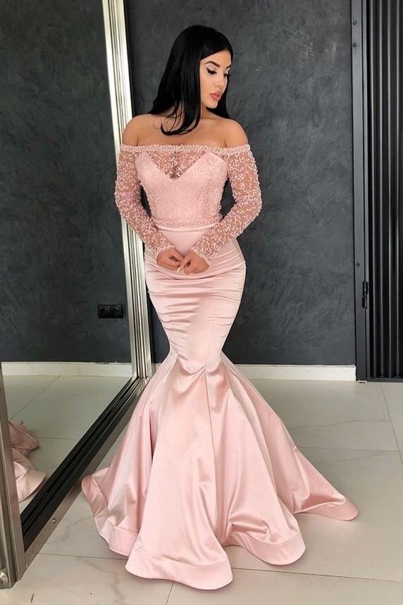 Glamorous Mermaid Off-the-Shoulder Prom Gowns Long Sleevess Lace Evening Dresses-Dbrbridal