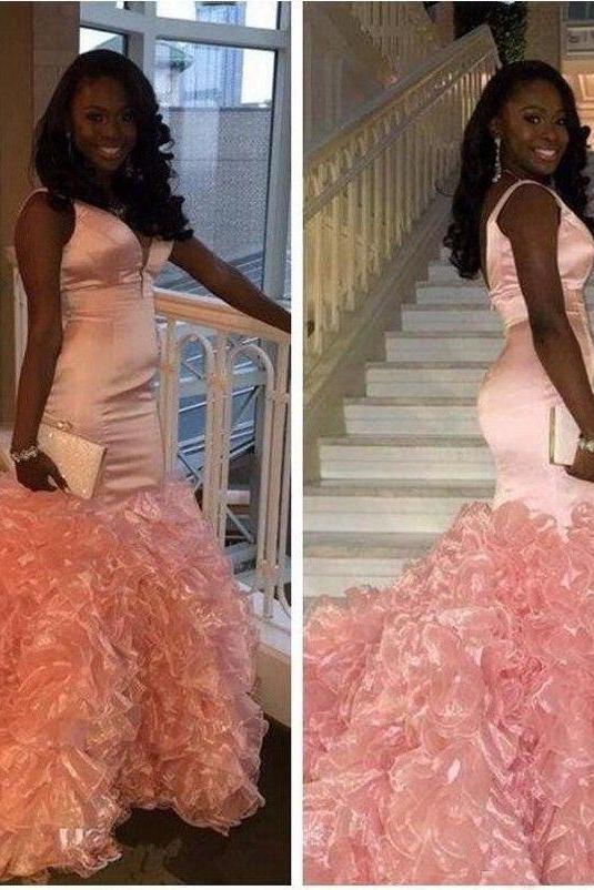 Glamorous Mermaid Ruffles Sleeveless Pink V-Neck Formal Dresses-Dbrbridal