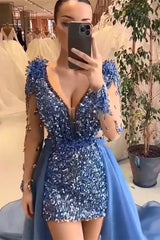 Glamorous Mini V-Neck Long Sleeveless Sheath Sequins Evening Party Gowns-Dbrbridal
