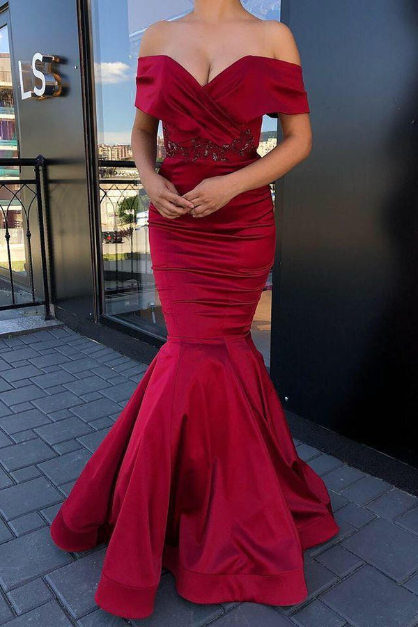 Glamorous Off-the-shoulder Burgundy Evening Gowns Jewel Mermaid Formal Dresses-Dbrbridal