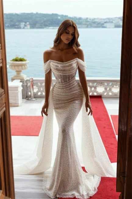 Glamorous Off-the-Shoulder Sequins Prom Dresses Mermaid With Ruffle-Dbrbridal