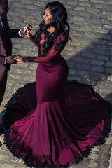 Glamorous Scoop Long Sleeves Appliques Tulle Mermaid Floor-Length Prom Dresses-Dbrbridal