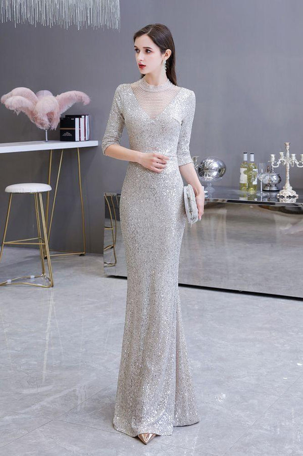Glamorous Silver Party Dress Long Sleeves Long Prom Dresses – Dbrbridal